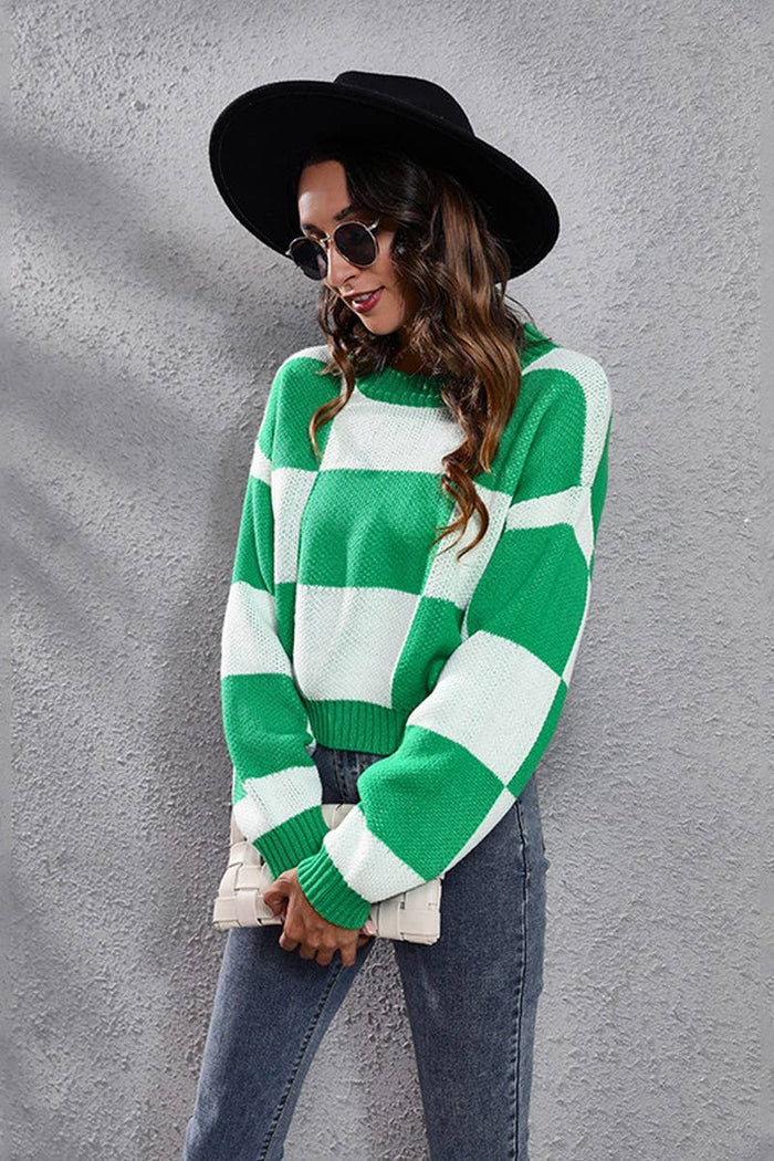 Checkered Crew Neck Long Sleeve Pullover Sweater