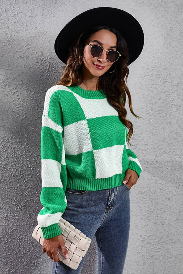 Checkered Crew Neck Long Sleeve Pullover Sweater