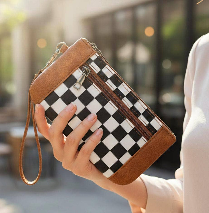 Checkered Wristlet Wallet with Detachable Strap