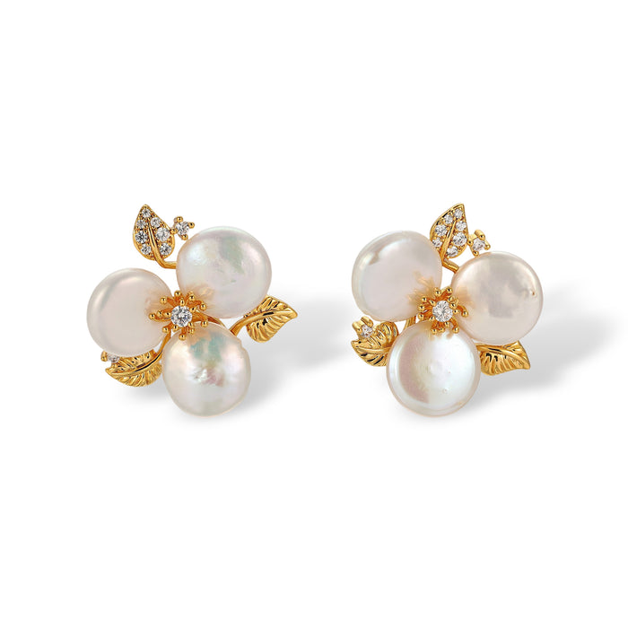 Chimènne White Baroque Pearl Floral Stud Earrings