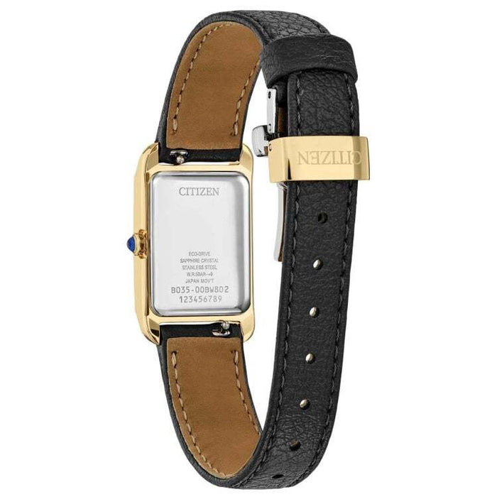 Citizen Eco-Drive L Bianca EW5622-092 – Gold-Tone Rectangular Case, Roman Dial, Black Leather Strap Ladies’ Watch
