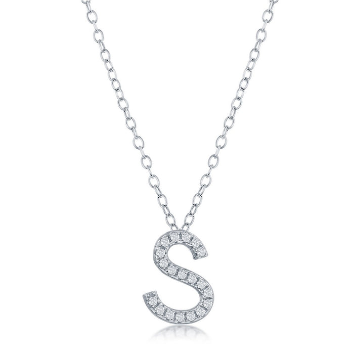 Classic of New York M-4882 – Sterling Silver CZ “S” Initial Pavé Pendant Necklace, Personalized Jewelry