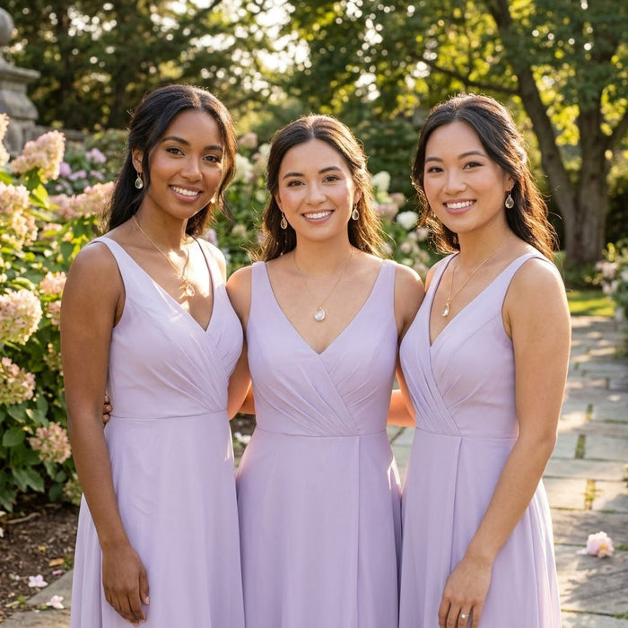 bridesmaids wearing clear quartz necklaces april birthstone jewelry