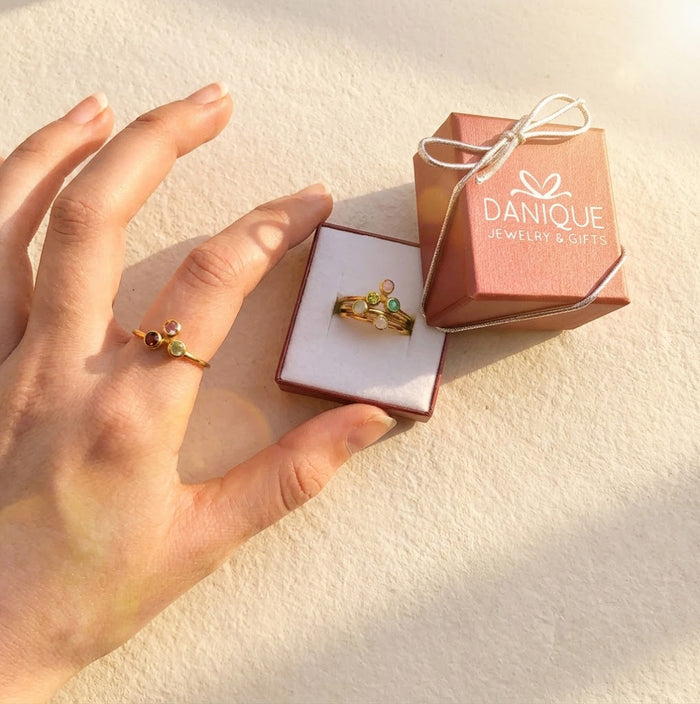 Gift ready personalized birthstone ring for mom in jewelry box