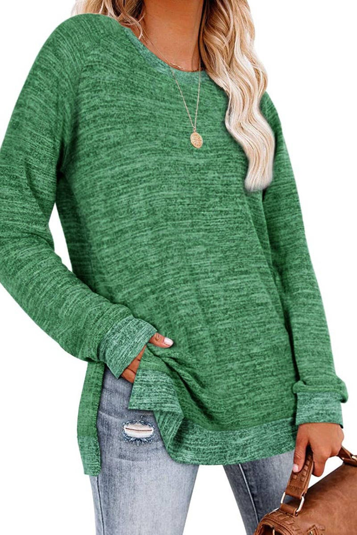 Crew Neck Long Sleeved Top with Side Slit