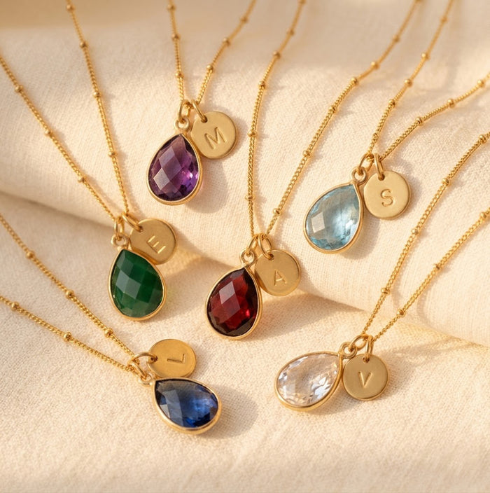 Custom birthstone and initial charm necklace gold personalized jewelry