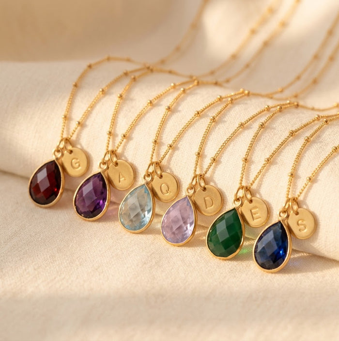 Birthstone initial necklace with teardrop gemstone and letter charm