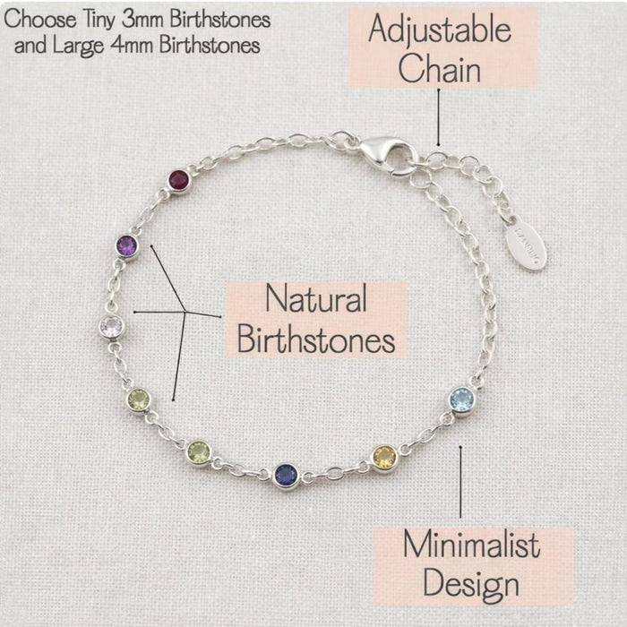 Custom birthstone bracelet highlighting natural gemstones set in bezel settings along a minimalist chain. Informational image showing gemstone placement and delicate design details. Personalized jewelry for mom or grandma featuring children’s birthstones, handcrafted for everyday wear and meaningful gifting.