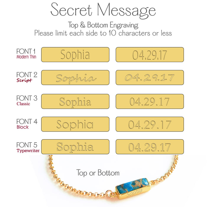 Secret message engraving example for multiple baguette birthstone bracelet, custom hidden personalization with names and special dates.
