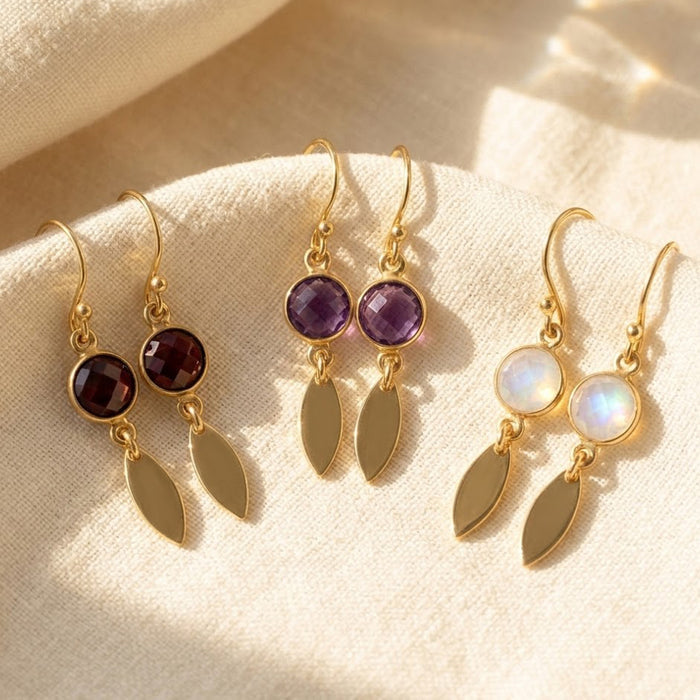 Custom birthstone earrings with marquise tags in gold or sterling silver, personalized dangle earrings with gemstone charms