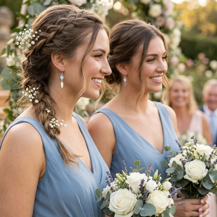 Bridesmaids wearing custom birthstone earrings with marquise tags, personalized wedding party gift earrings