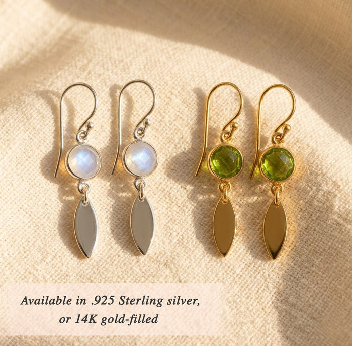 Custom birthstone earrings with marquise tags in sterling silver and 14K gold filled, personalized gemstone earrings