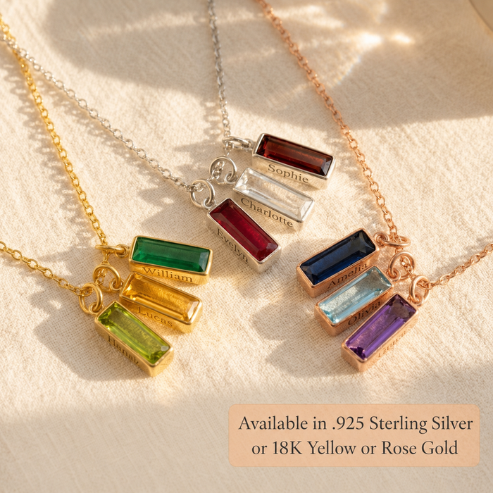 Birthstone name bar necklace shown in sterling silver, yellow gold, and rose gold finish options.