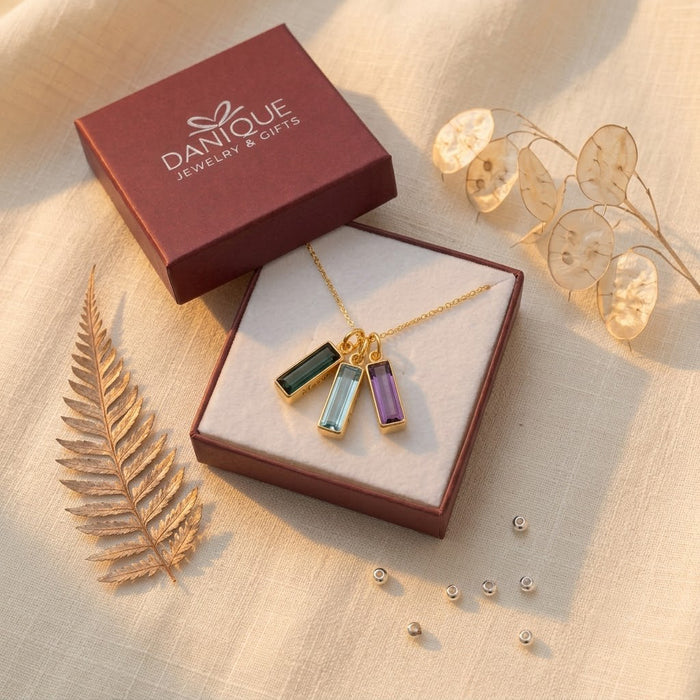 Birthstone bar necklace displayed in a Danique Jewelry gift box, ready for gifting.