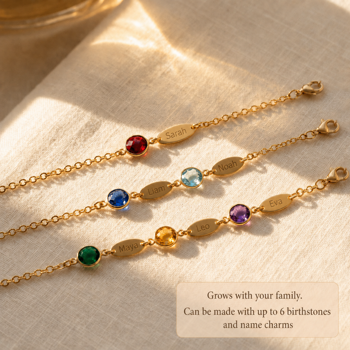 Custom bracelet with multiple birthstone examples showing optional add on stones and name charms.
