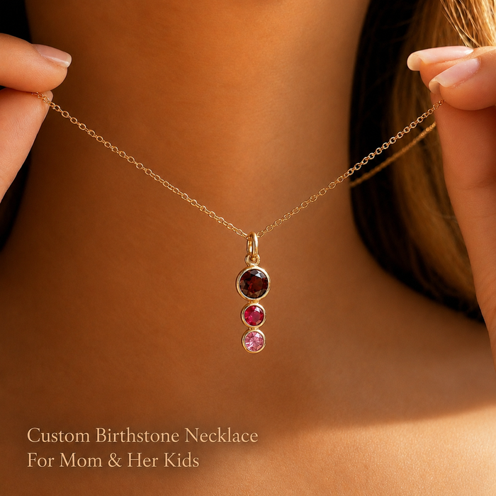 Custom birthstone necklace for mom shown on model, featuring a delicate gold chain with one larger mom stone and smaller kids birthstones in a vertical pendant design.