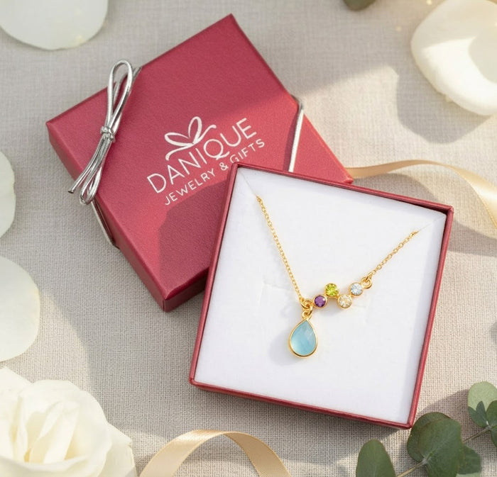 Custom birthstone necklace for mom in Danique Jewelry gift box, ready for gifting