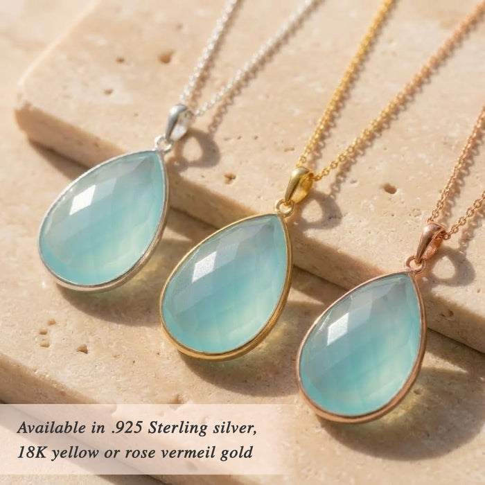 Teardrop Aqua Chalcedony March birthstone necklaces in sterling silver yellow gold and rose gold vermeil