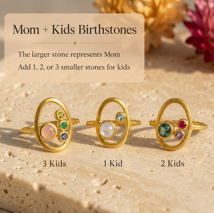 Close-up of personalized birthstone ring on hand with one large mom stone and smaller children’s stones.