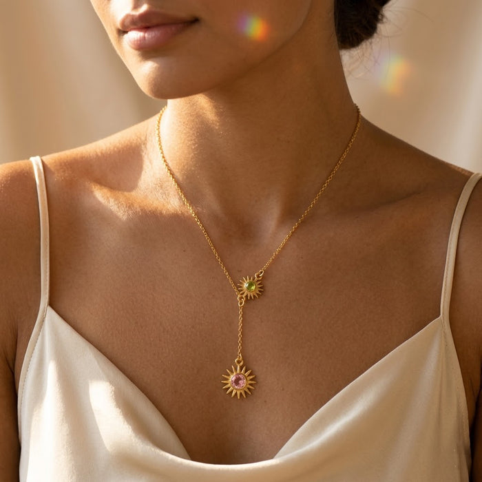 Sunburst birthstone lariat necklace with mother and child gemstone charms