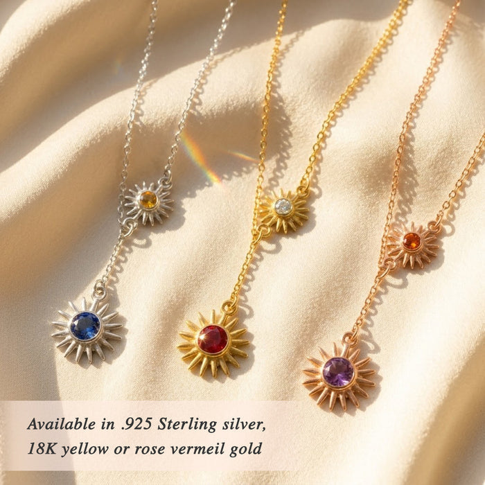 Sunburst birthstone lariat necklace with mother and child gemstone charms
