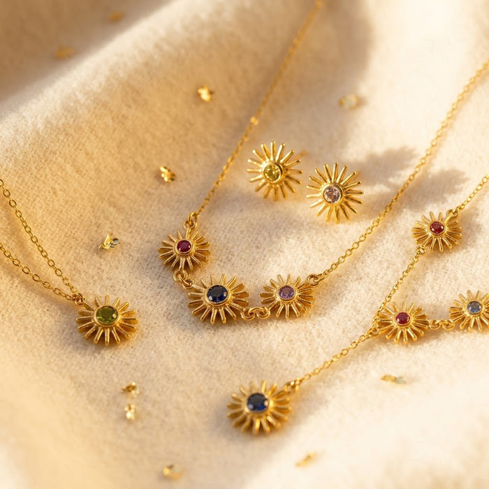 Dainty birthstone lariat necklace sun charm personalized mom gift necklace