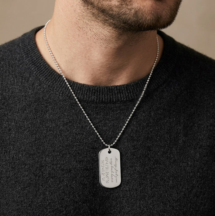 Man wearing personalized sterling silver dog tag necklace