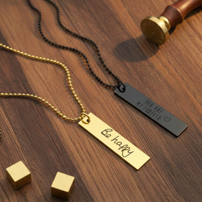 One gold tone rectangle military style necklace with custom handwriting from a photo or the black rectangle necklace with you are my forever engraved in one of our font selections.