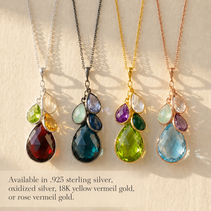 Metal finish options for natural birthstone necklace in sterling silver, gold, rose gold, and oxidized silver with colorful teardrop gemstones.