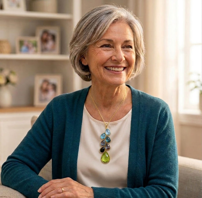 Grandmother wearing personalized birthstone necklace with natural gemstones, meaningful jewelry gift from grandchildren.