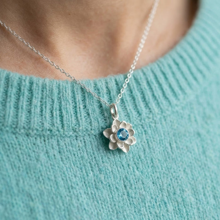 Floral birthstone necklace with custom faceted gemstone, minimalist flower charm necklace for women