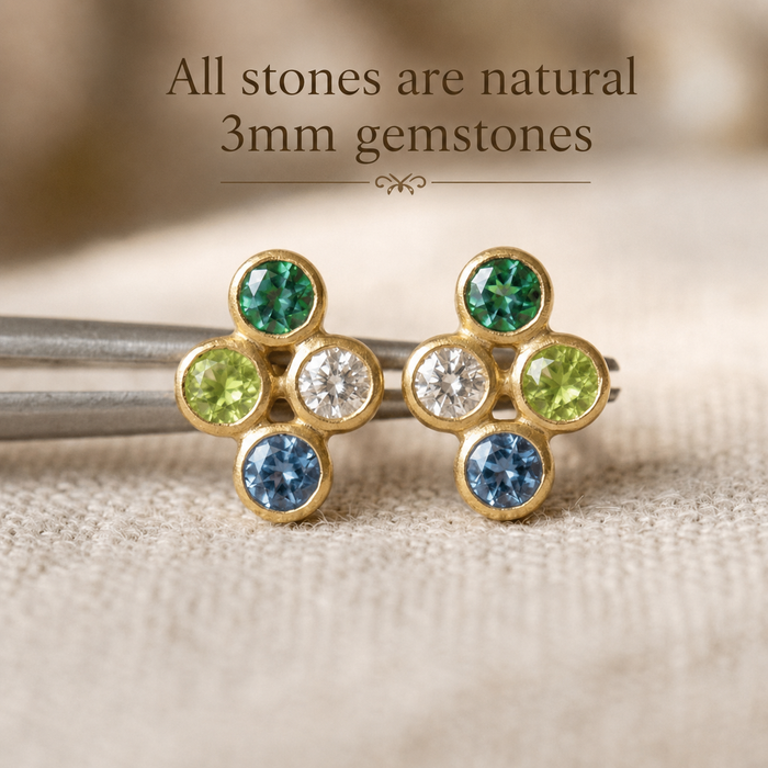 Close-up of natural 3mm gemstones in custom four birthstone stud earrings available in silver and gold vermeil