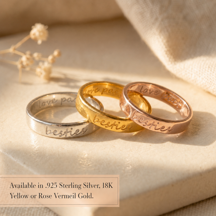 Sterling silver, yellow gold, and rose gold vermeil engraved rings showing available metal finishes.