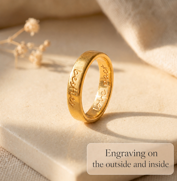 Gold engraved ring showing outside and inside personalization options for handwriting or names.