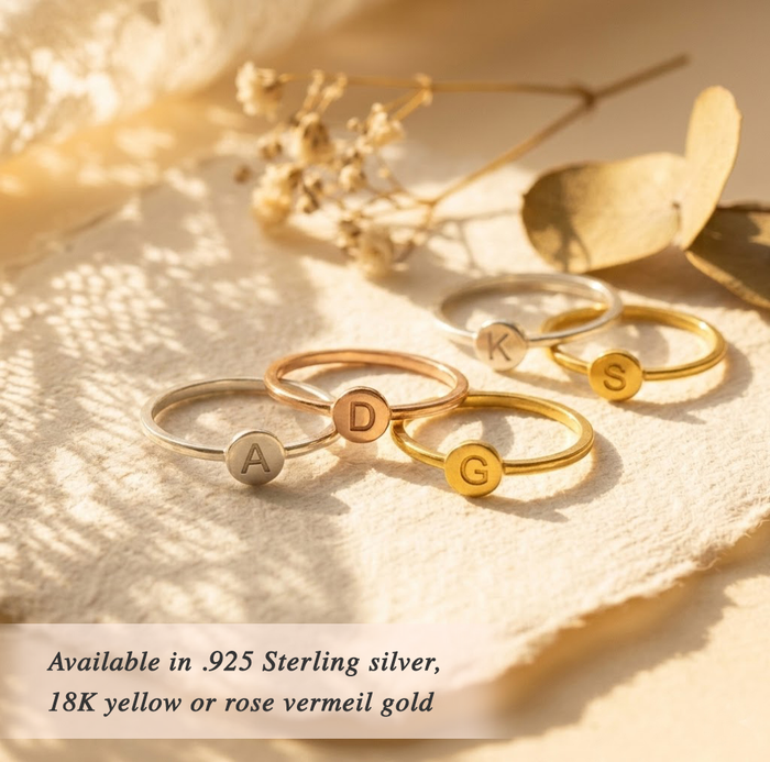 Rose Gold or sterlings silver stacking ring with engraved letter minimalist personalized ring