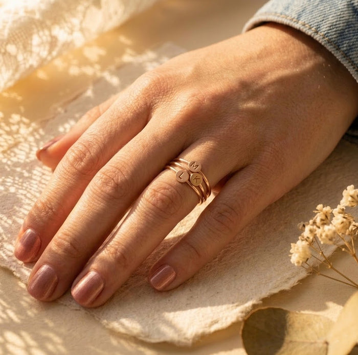 Custom engraved initial ring dainty thin band stacking jewelry in rose gold