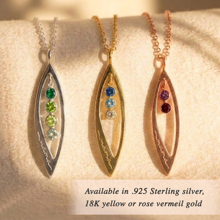 Marquise birthstone necklaces in sterling silver, yellow gold, and rose gold, personalized pendant necklace with tiny gemstones