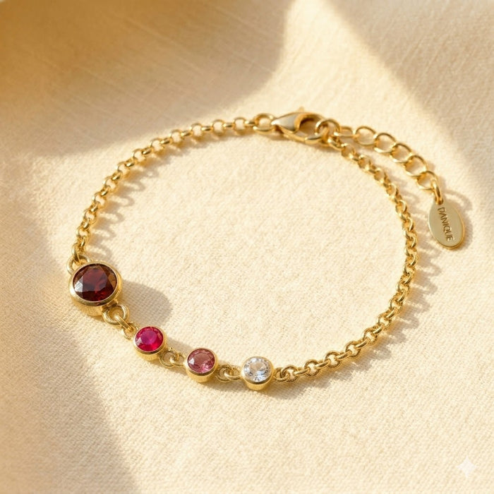 Personalized birthstone bracelet for mom with children’s birthstones and engraved initial charms, meaningful Mother’s Day jewelry gift representing family love