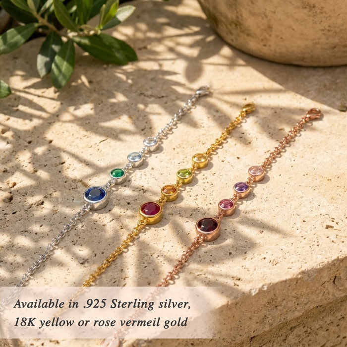 Multiple custom birthstone bracelets in gold and silver with engraved initials, personalized Mother’s Day gift for mom and grandma family jewelry