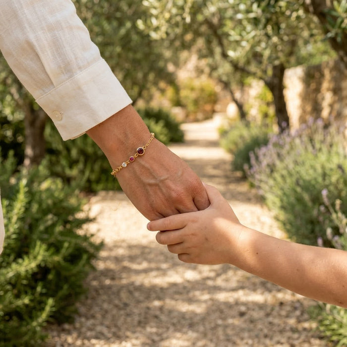 Mother and child holding hands while wearing personalized birthstone bracelet, emotional Mother’s Day gift symbolizing family bond
