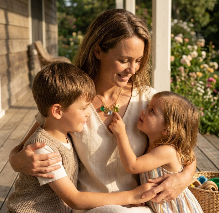 Mother wearing a custom birthstone and initial necklace while sitting with her children, symbolizing family keepsake jewelry.