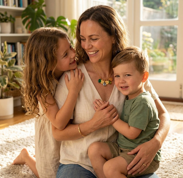 Mom wearing a personalized birthstone necklace while holding two children, showing a sentimental necklace for children’s birthstones.