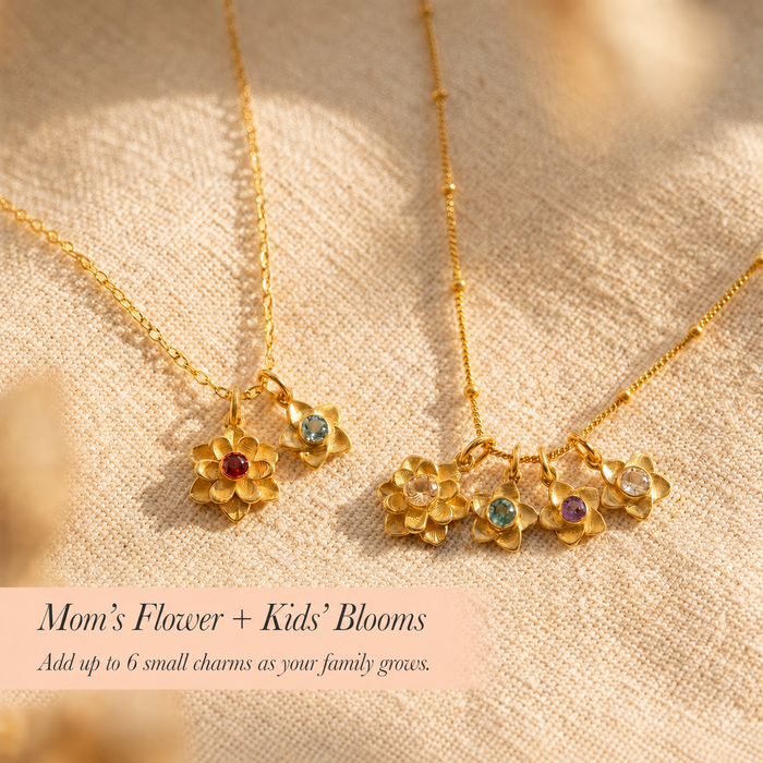 Mom’s flower and kids’ blooms necklace showing large flower charm for mother and up to six small child flower charms.