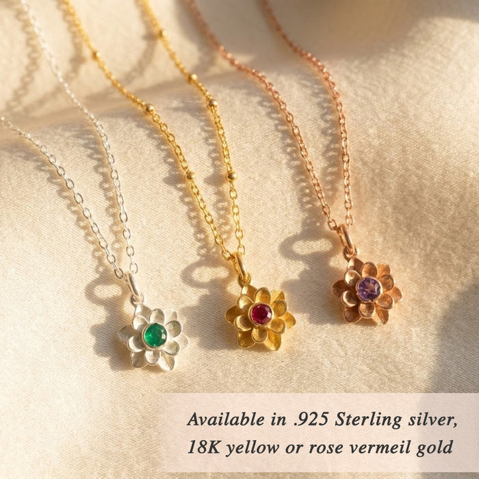Dainty flower pendant necklace with faceted birthstone on silver chain, elegant personalized jewelry for everyday styling