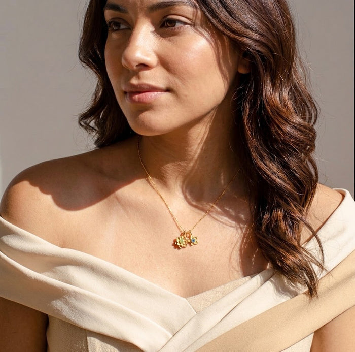 Model wearing dainty birthstone flower charm necklace in gold, personalized floral jewelry gift for mom or grandma.