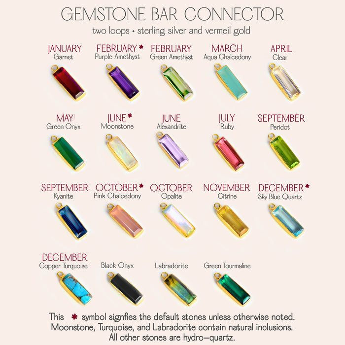 Birthstone chart for custom gemstone bar connector necklace showing month-by-month stone options for personalized family jewelry gifts.
