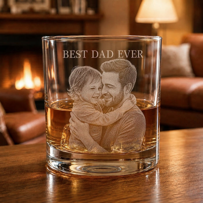 Custom photo engraved whiskey glass with Best Dad Ever text and father child portrait engraving.