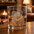 Custom photo engraved whiskey glass with Best Dad Ever text and father child portrait engraving.
