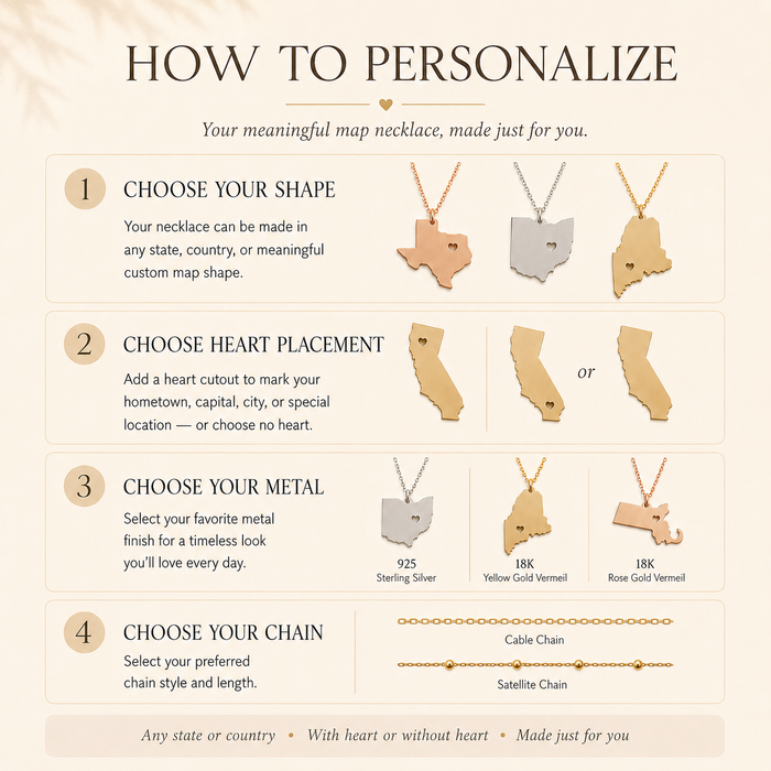 How to personalize a custom state or county necklace with shape, heart and metal options