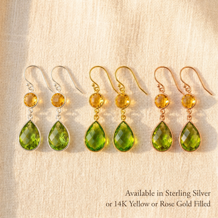 Double drop birthstone earrings in sterling silver, yellow gold filled, and rose gold filled.